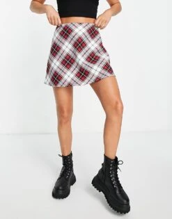 Miss Selfridge Tartan Bias Check Skirt In Red For Women