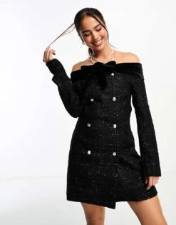 Miss Selfridge Bardot Boucle Mini Dress With Velvet Trim In Black For Women
