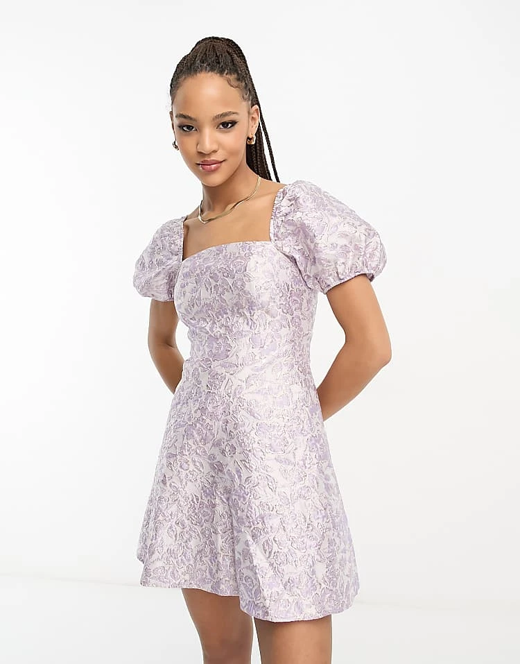 Miss Selfridge Jacquard Puff Sleeve Corset Mini Dress In Lilac For Women - Image 5
