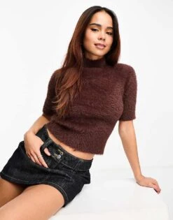 Miss Selfridge Lash Knit Funnel Neck Short Sleeve Top In Chocolate For Women
