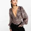 Miss Selfridge V Neck Hook And Eye Blouse In Animal Devore For Women Multi