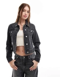 Miss Selfridge Denim Girlfriend Jacket In Black Wash For Women