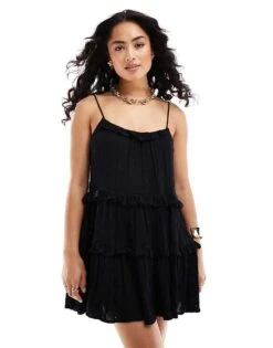 Miss Selfridge Beach Broderie Tie Shoulder Cover Up Mini Dress In Black For Women