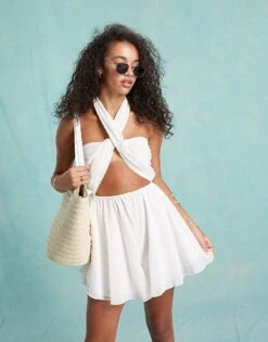 Miss Selfridge Beach Dobby Chiffon Tie Front Playsuit In Cream For Women