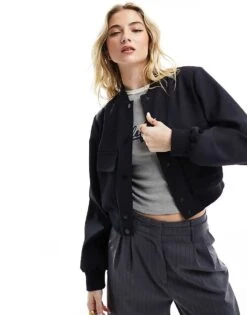 Miss Selfridge Crop Bomber Jacket In Navy For Women