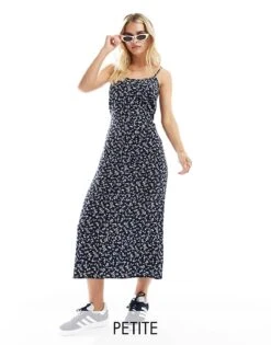 Miss Selfridge Petite Strappy Scoop Neck Maxi Slip Sun Dress In Blue Ditsy For Women Multi