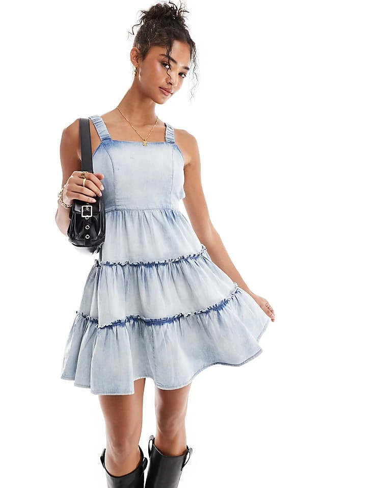 Miss Selfridge Chambray Tiered Mini Dress In Blue Acid Wash For Women Acid Wash Blue - Image 3