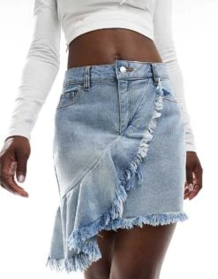 Miss Selfridge Asym Frill Denim Mini Skirt In Mid Blue Wash For Women Light Blue