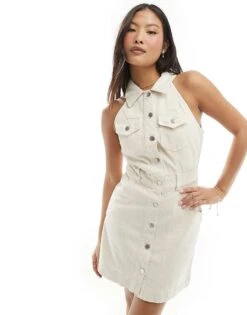 Miss Selfridge Petite Sleeveless Button Shirt Dress In Ecru For Women