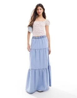 Miss Selfridge Chambray Tiered Maxi Skirt In Acid Blue Wash For Women
