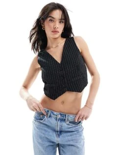 Miss Selfridge Button Through Waistcoat In Pinstripe For Women Mono Pinstripe