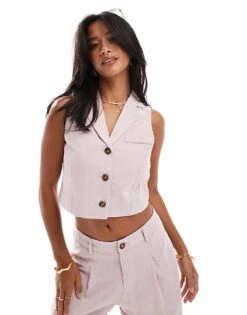 Miss Selfridge Petite Linen Blend Button Through Waistcoat In Soft Pink For Women