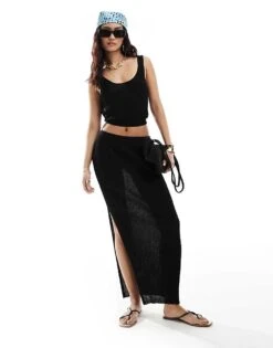 Miss Selfridge Beach Knit Rib Maxi Skirt In Black For Women