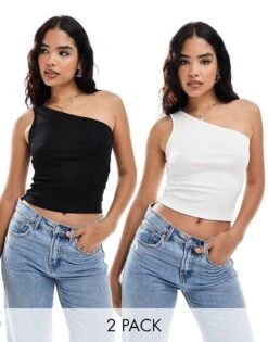 Miss Selfridge 2 Pack Rib One Shoulder Top In Black And White For Women