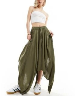 Miss Selfridge Cheesecloth Hanky Hem Maxi Skirt In Khaki For Women