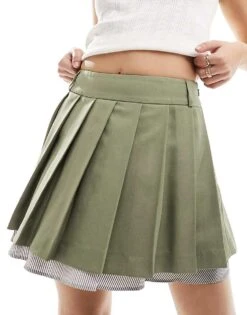 Miss Selfridge Tailored Poplin Layer Pleated Mini Skirt In Khaki For Women