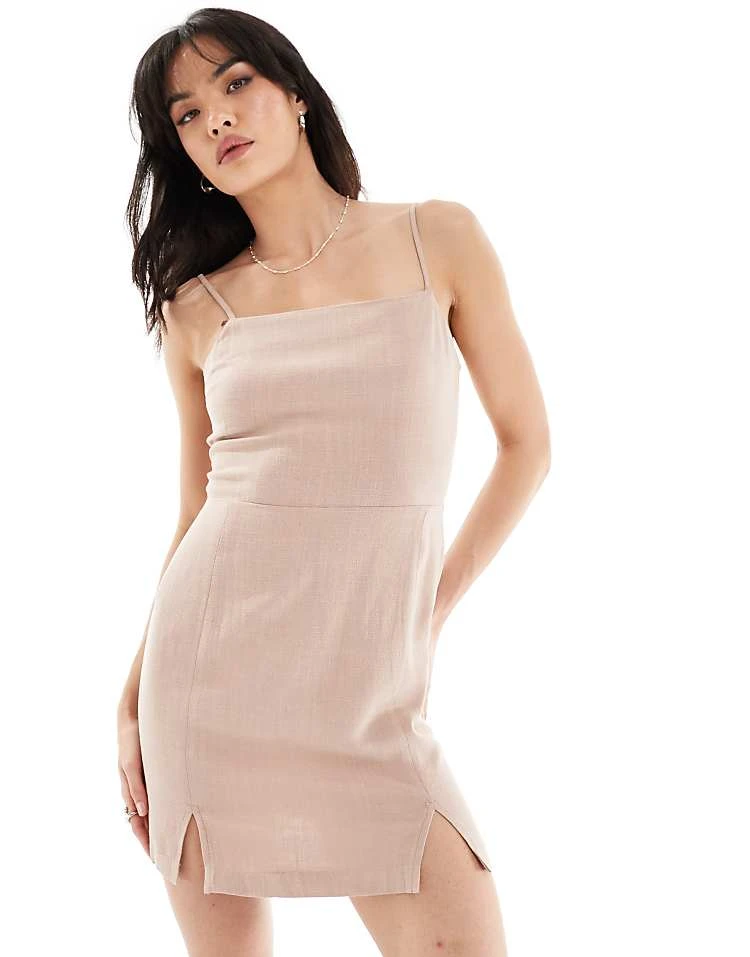 Miss Selfridge Linen Strappy Split Hem Mini Dress In Taupe For Women