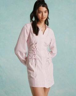 Miss Selfridge Poplin Lace Up Mini Shirt Dress In Pink Stripe For Women