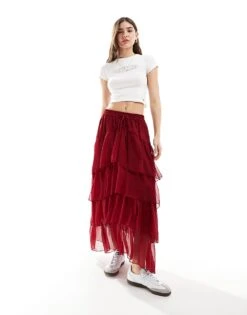 Miss Selfridge Chiffon Tiered Maxi Skirt In Red For Women