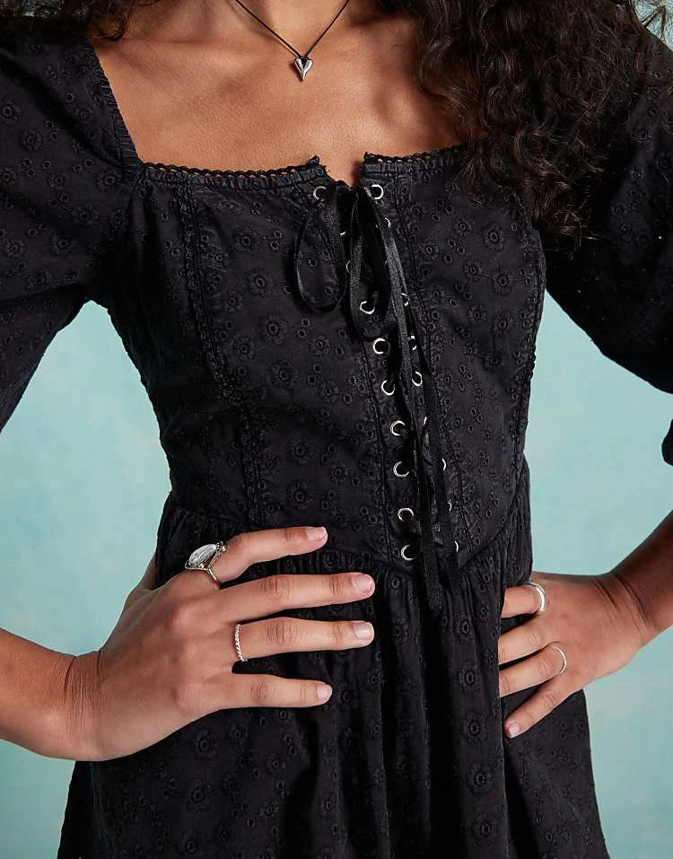 Miss Selfridge Broderie Corset Mini Dress In Black Acid Wash For Women - Image 3