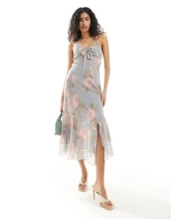 Miss Selfridge Occasion Chiffon Tie Front Maxi Slip Dress In Blue Vintage Floral For Women Multi
