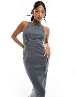 Miss Selfridge Petite Corset Racer Midi Dress In Washed Charcoal For Women
