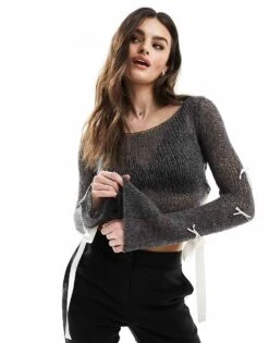 Miss Selfridge Sheer Knit Contrast Bow Detail Jumper In Charcoal For Women