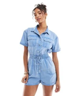 Miss Selfridge Acid Wash Utility Playsuit In Blue For Women Light Blue