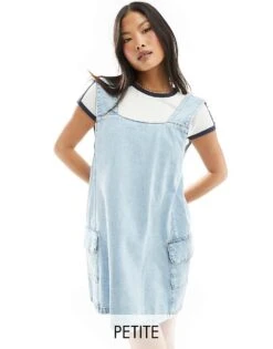 Miss Selfridge Petite Pocket Detail Denim Swing Pinny Dress In Light Blue Acid Wash For Women