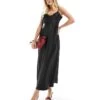 Miss Selfridge Petite Satin Lace Trim Maxi Slip Dress For Women Black