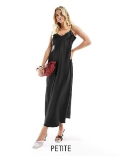 Miss Selfridge Petite Satin Lace Trim Maxi Slip Dress For Women Black