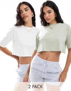 Miss Selfridge 2 Pack Cropped Tee In White And Sage For Women