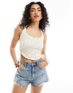 Miss Selfridge Pointelle Rose Detail Corset Top In Ditsy For Women Floral