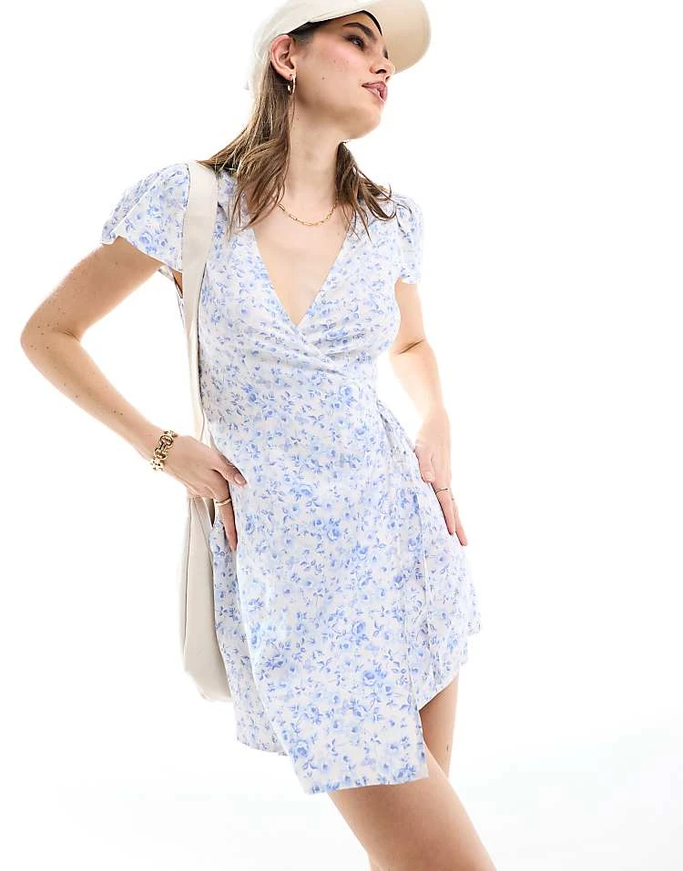 Miss Selfridge Wrap Mini Tea Dress In Blue Floral Print For Women