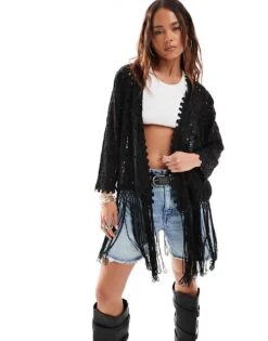 Miss Selfridge Festival Embellished Cutwork Fringe Kimono Jacket In Black For Women