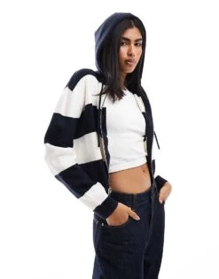 Miss Selfridge Zip Through Crop Knit Hoody In Mono Stripe For Women