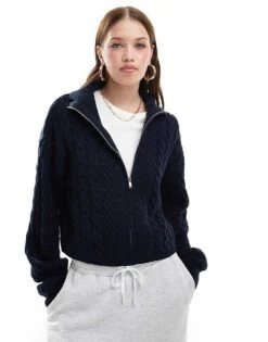 Miss Selfridge Cable Knit Zip Through Crop Cardigan In Navy For Women Navy Blue