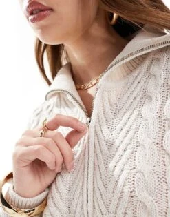 Miss Selfridge Cable Knit Zip Through Crop Cardigan In Cream For Women