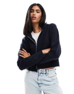 Miss Selfridge Zip Through Crop Knit Hoody In Navy For Women