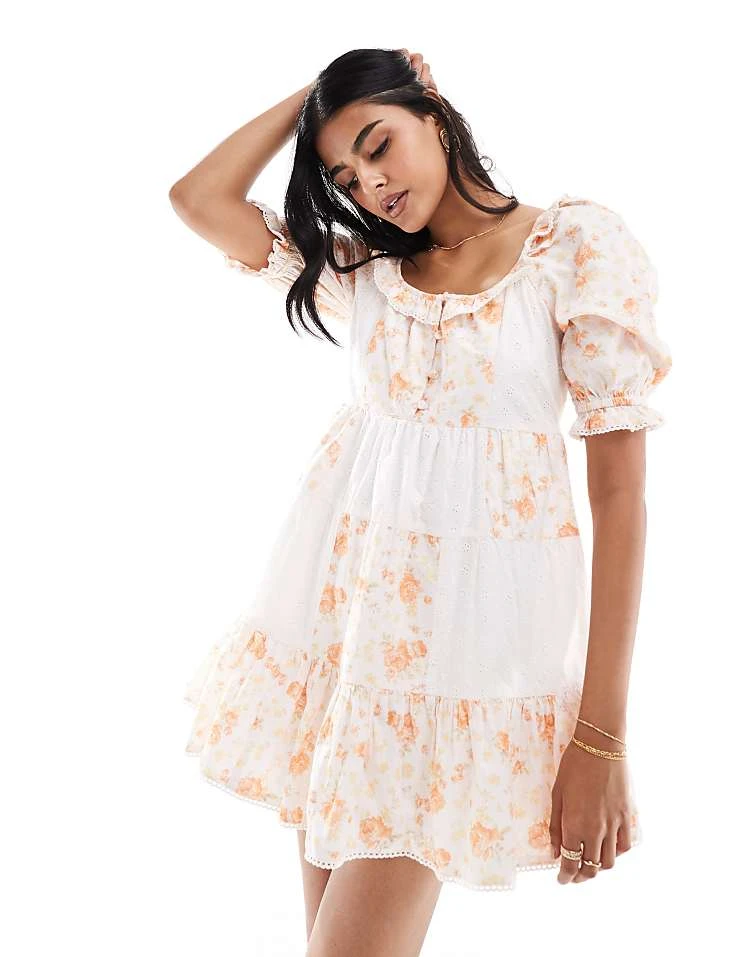 Miss Selfridge Tiered Mini Tea Dress In Patchwork Broderie Print For Women Multi - Image 5
