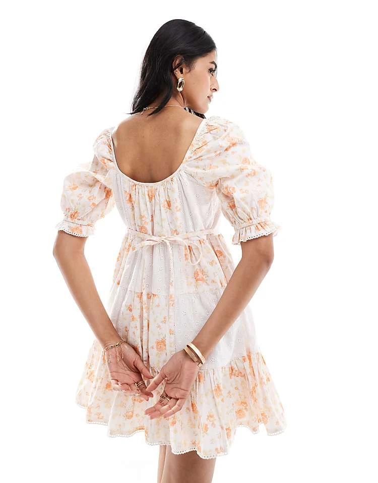 Miss Selfridge Tiered Mini Tea Dress In Patchwork Broderie Print For Women Multi - Image 4
