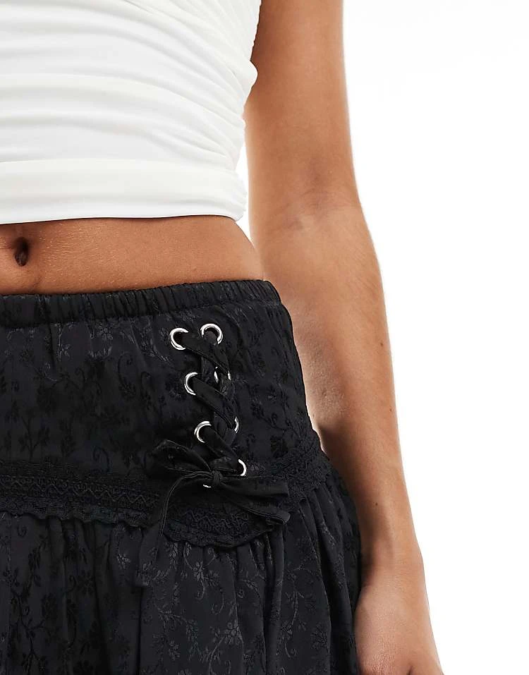 Miss Selfridge Satin Jacquard Micro Mini Lace Trim Skort In Black For Women - Image 3