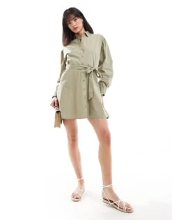 Miss Selfridge Poplin Belted Mini Shirt Dress In Khaki For Women