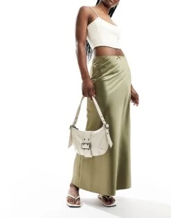 Miss Selfridge Satin Trim Detail Bias Maxi Skirt In Khaki For Women