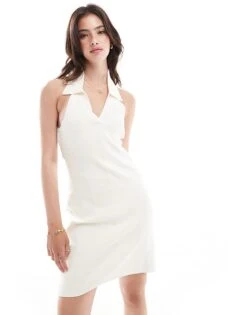 Miss Selfridge Polo Detail Knit Mini Dress In Cream For Women