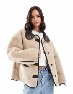 Miss Selfridge Faux Fur Contrast Jacket In Cream For Women