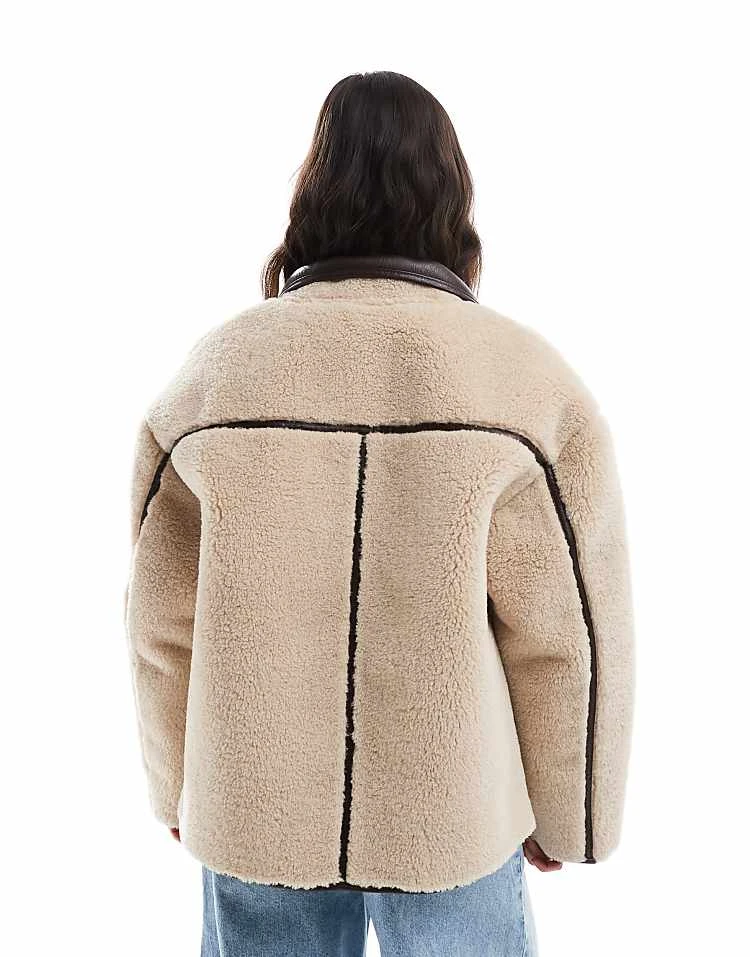 Miss Selfridge Faux Fur Contrast Jacket In Cream For Women - Image 2