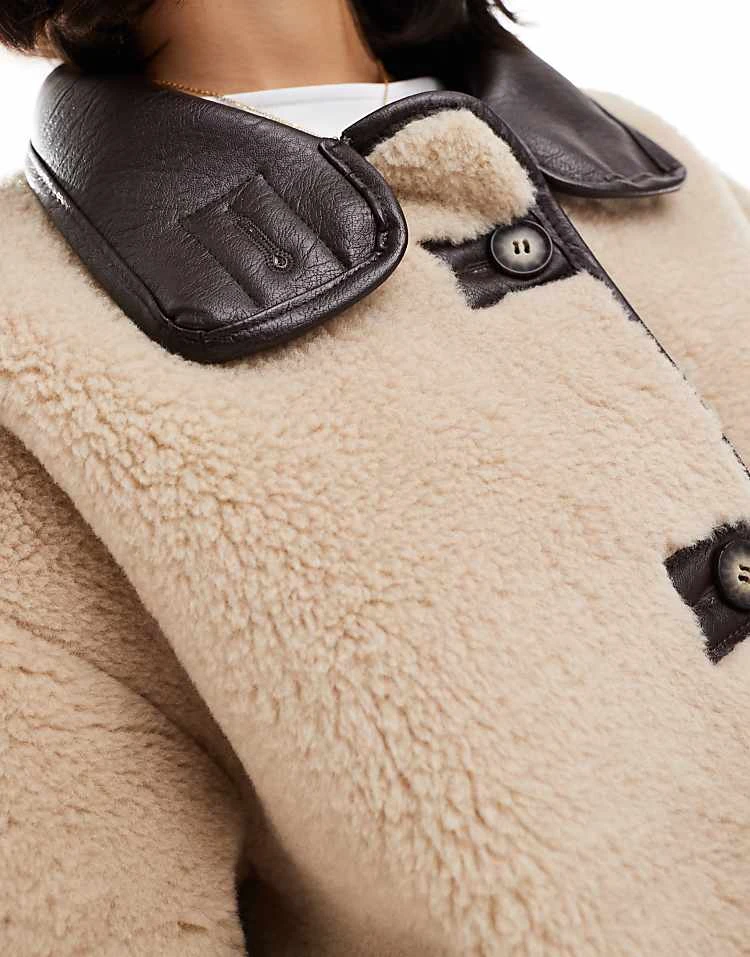 Miss Selfridge Faux Fur Contrast Jacket In Cream For Women - Image 3