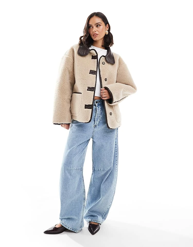 Miss Selfridge Faux Fur Contrast Jacket In Cream For Women - Image 4