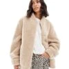 Miss Selfridge Oversized Borg Bomber Jacket In Stone For Women
